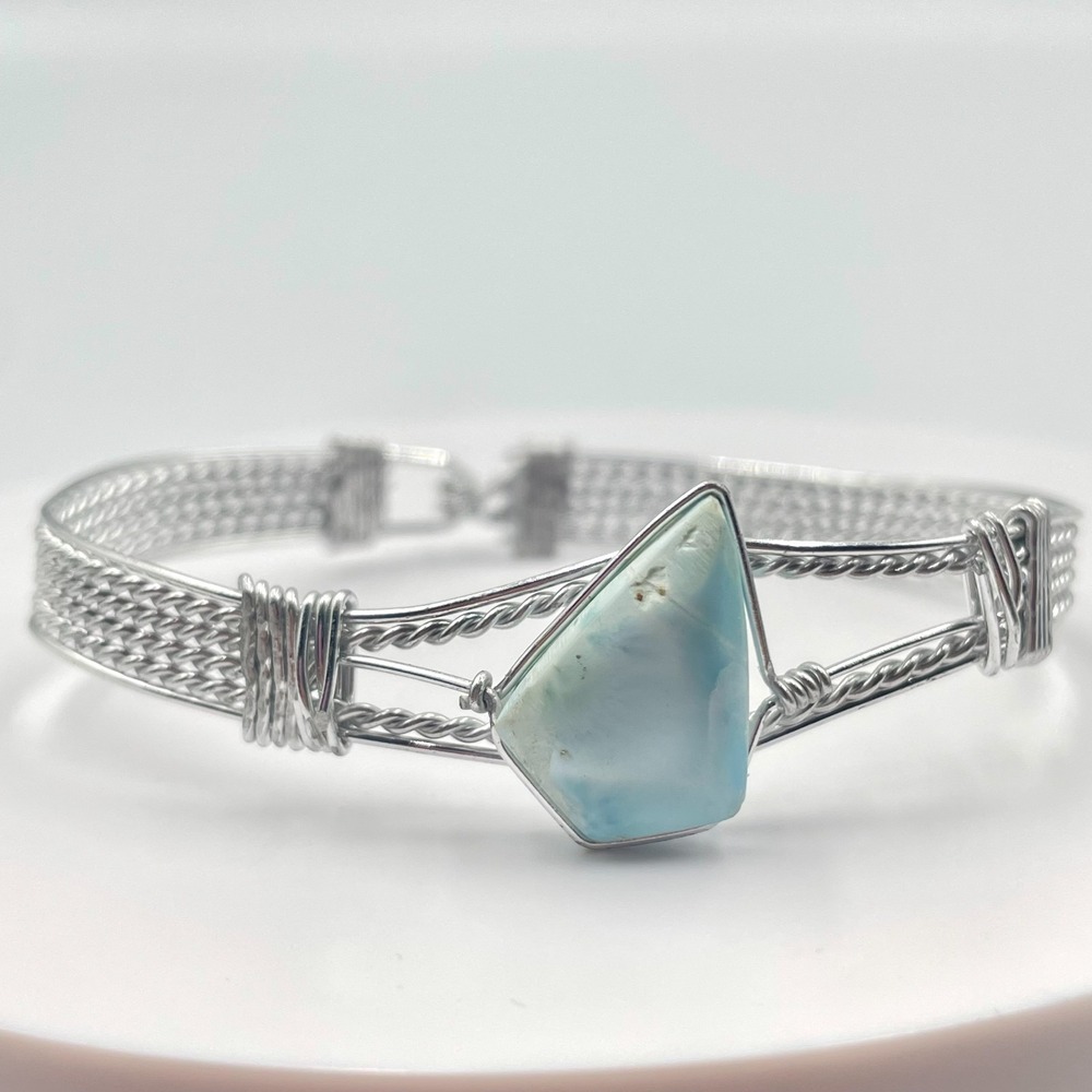 Vintage Boho Wire Wrapped Silver Tone Blue Larimar Cabochon Cuff Bracelet Retro